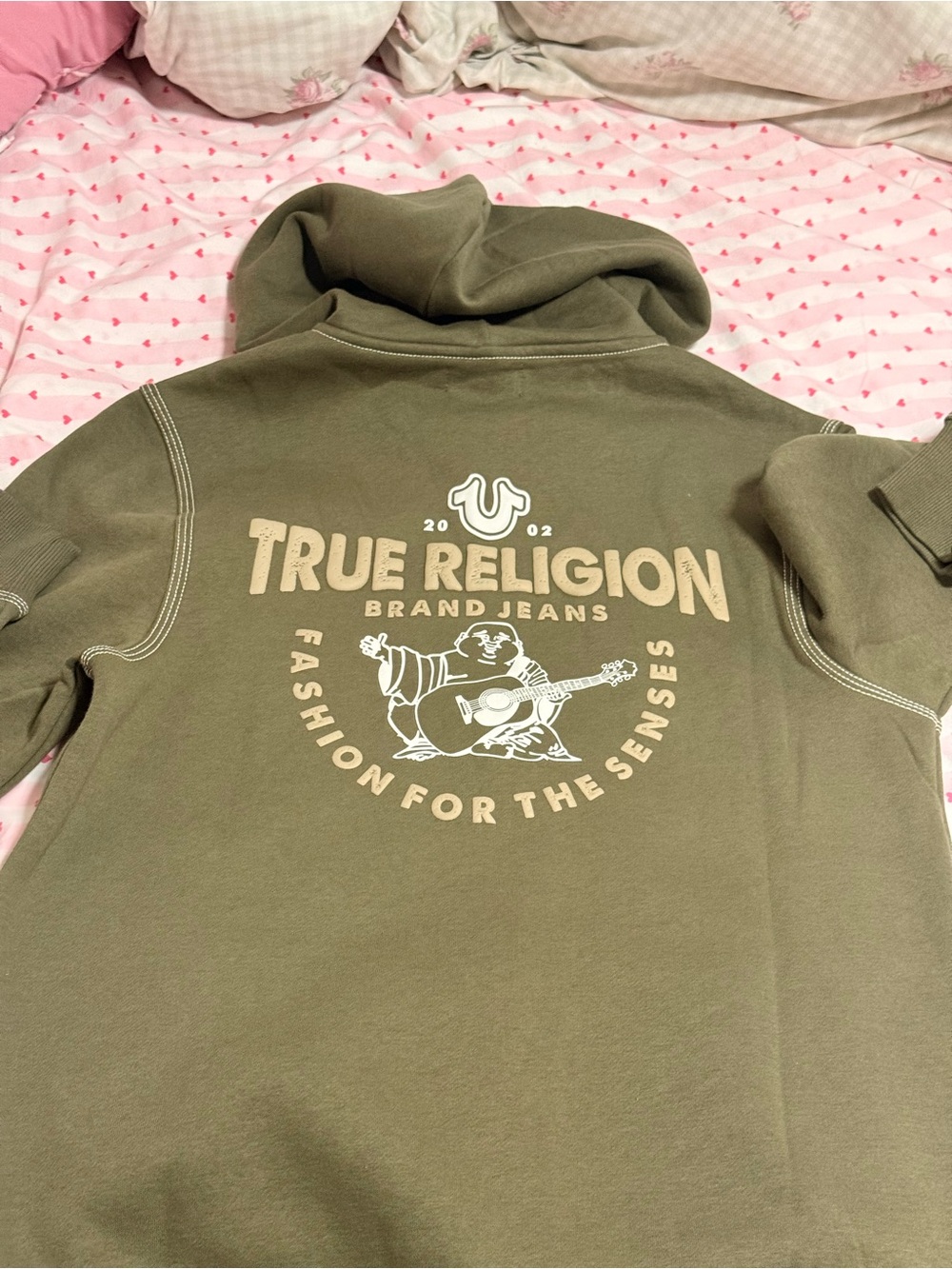 True Religion Kids Olive Green Graphic Hoodie with Guitar Logo